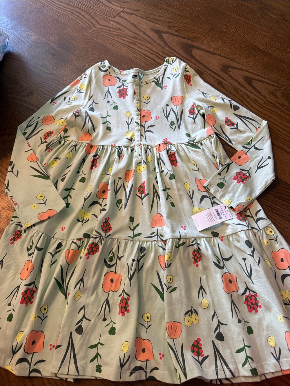 Tea collection Girls Floral Tiered Long Sleeve Dress - Coral & Yellow Flowers
